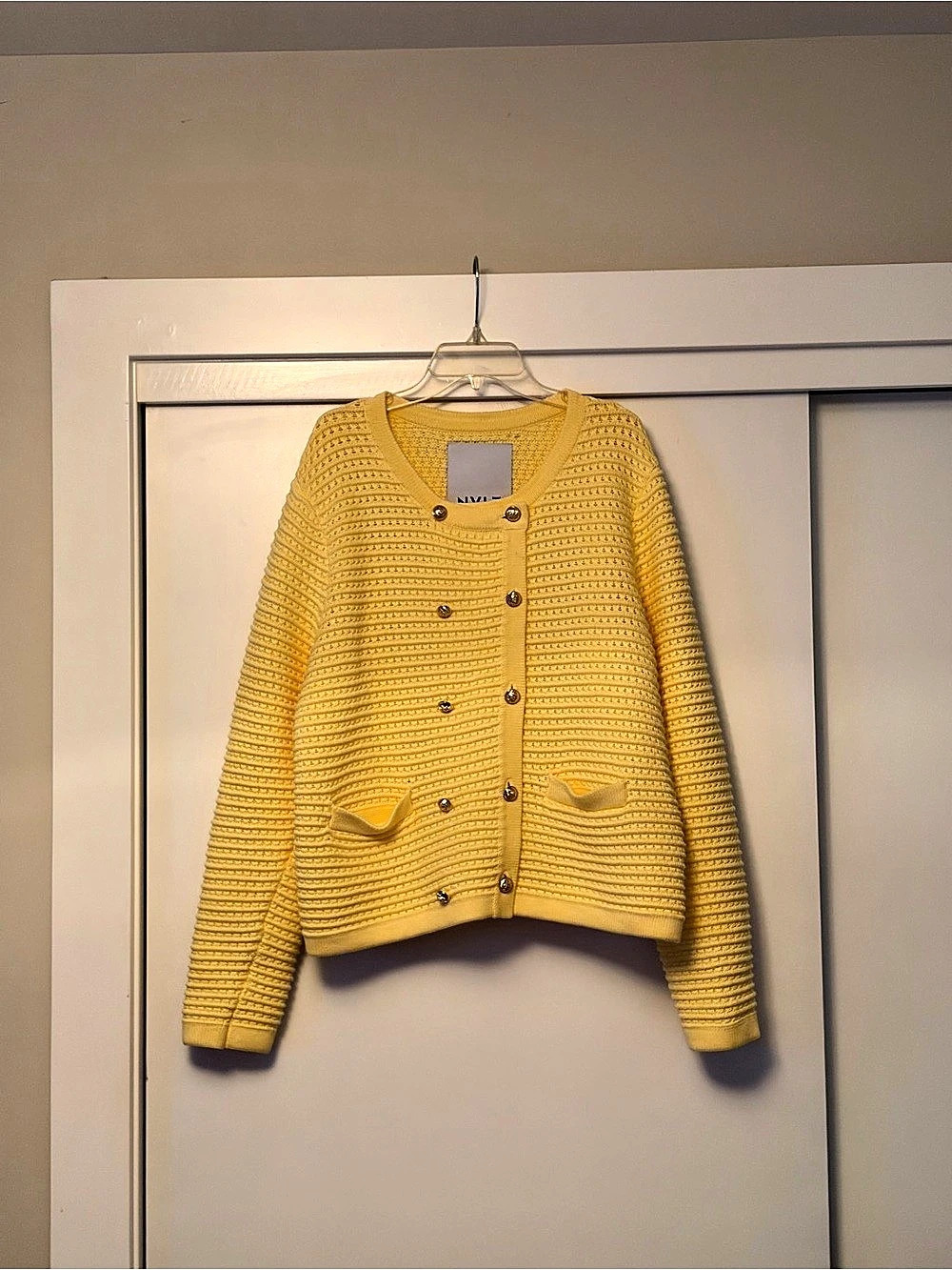 NVLT Knit Double-Breasted Lady Jacket Cardigan Yellow Large